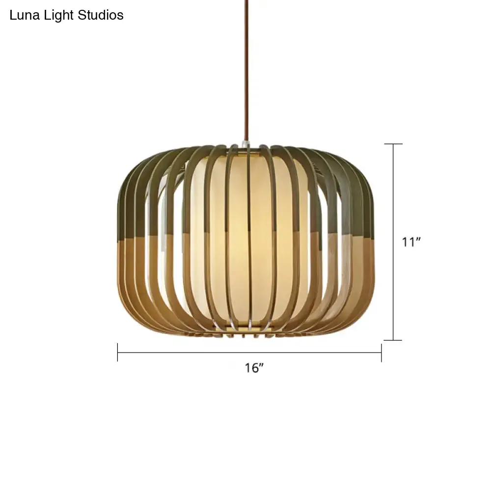 Modern Asian Bird Cage Ceiling Light - Wooden, Single Pendant Lamp for Restaurants, in Yellow-Green