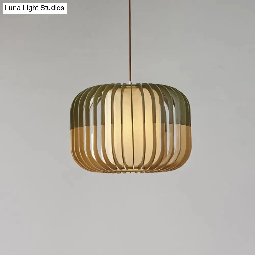 Modern Asian Bird Cage Ceiling Light - Wooden, Single Pendant Lamp for Restaurants, in Yellow-Green