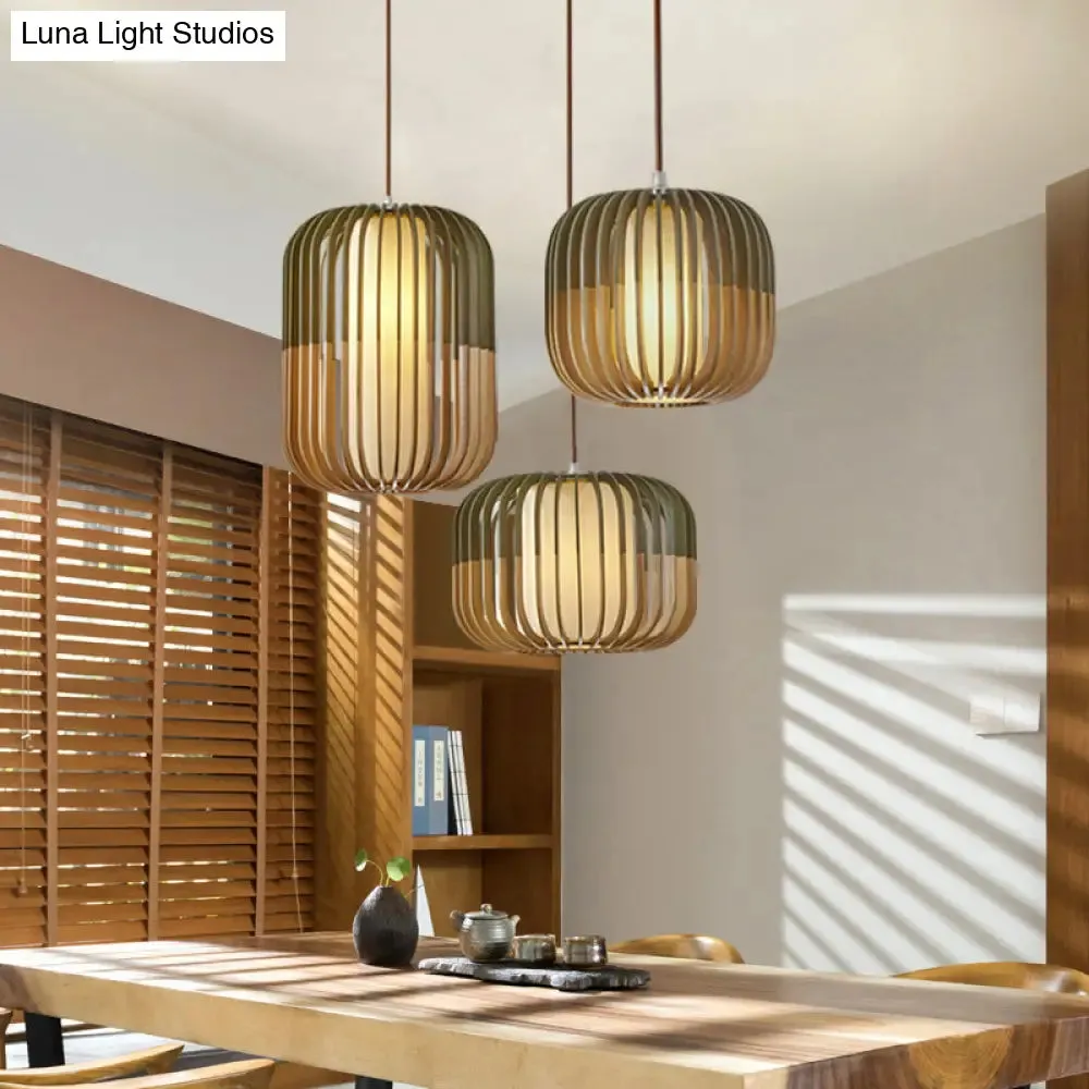 Modern Asian Bird Cage Ceiling Light - Wooden, Single Pendant Lamp for Restaurants, in Yellow-Green