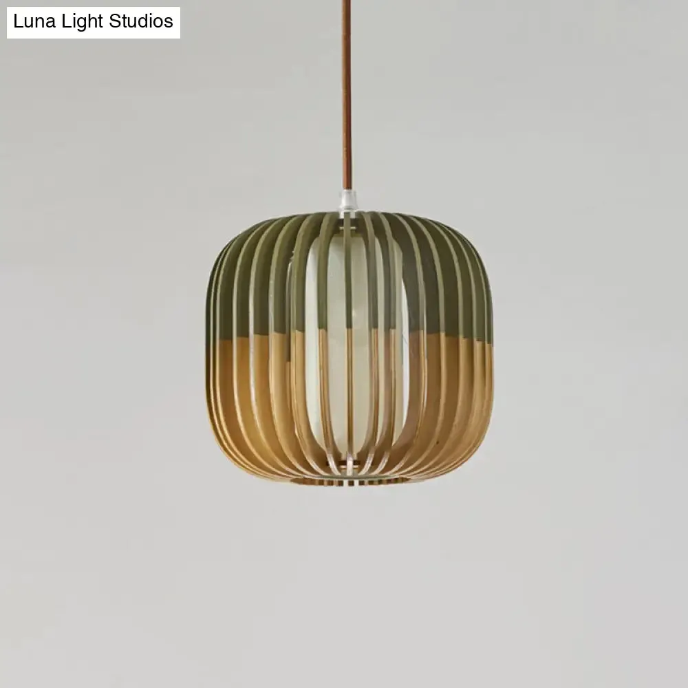 Modern Asian Bird Cage Ceiling Light - Wooden, Single Pendant Lamp for Restaurants, in Yellow-Green