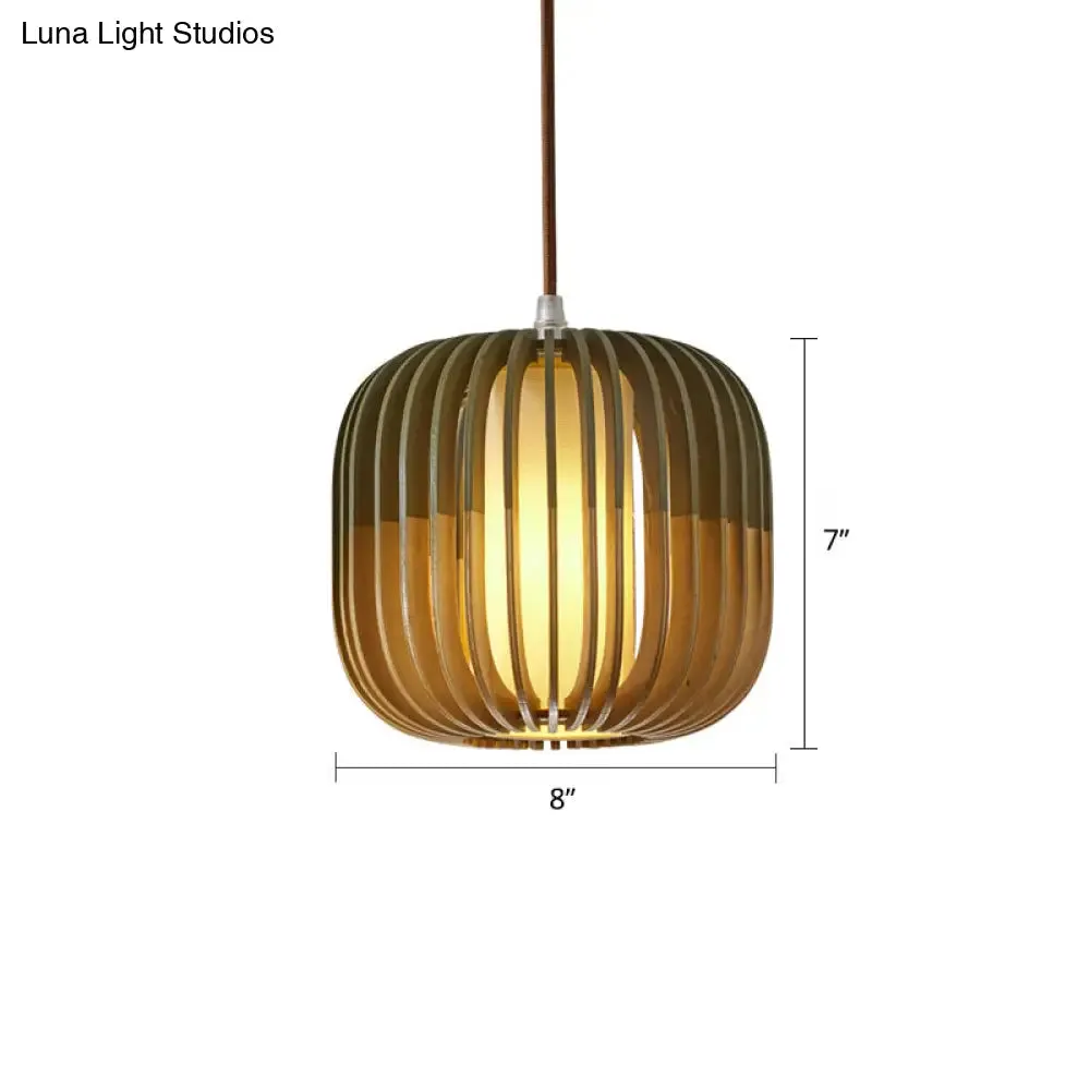 Modern Asian Bird Cage Ceiling Light - Wooden, Single Pendant Lamp for Restaurants, in Yellow-Green