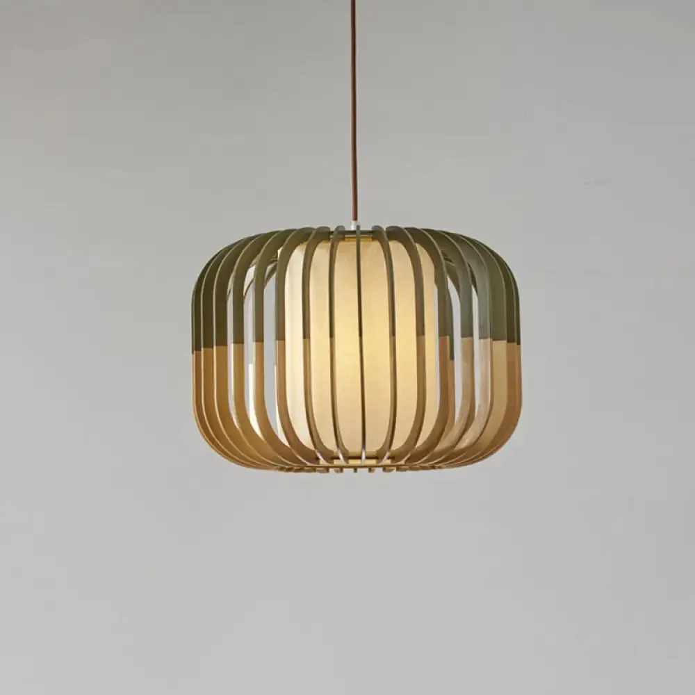 Modern Asian Bird Cage Ceiling Light - Wooden, Single Pendant Lamp for Restaurants, in Yellow-Green