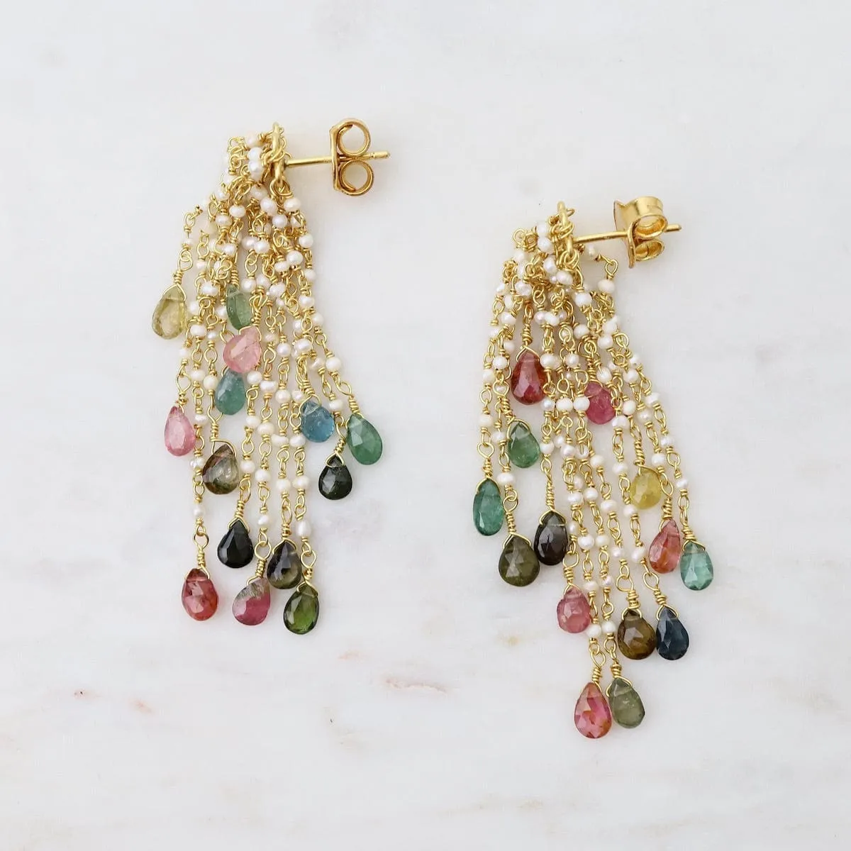 Multi Tourmaline & Pearl Waterfall Earrings