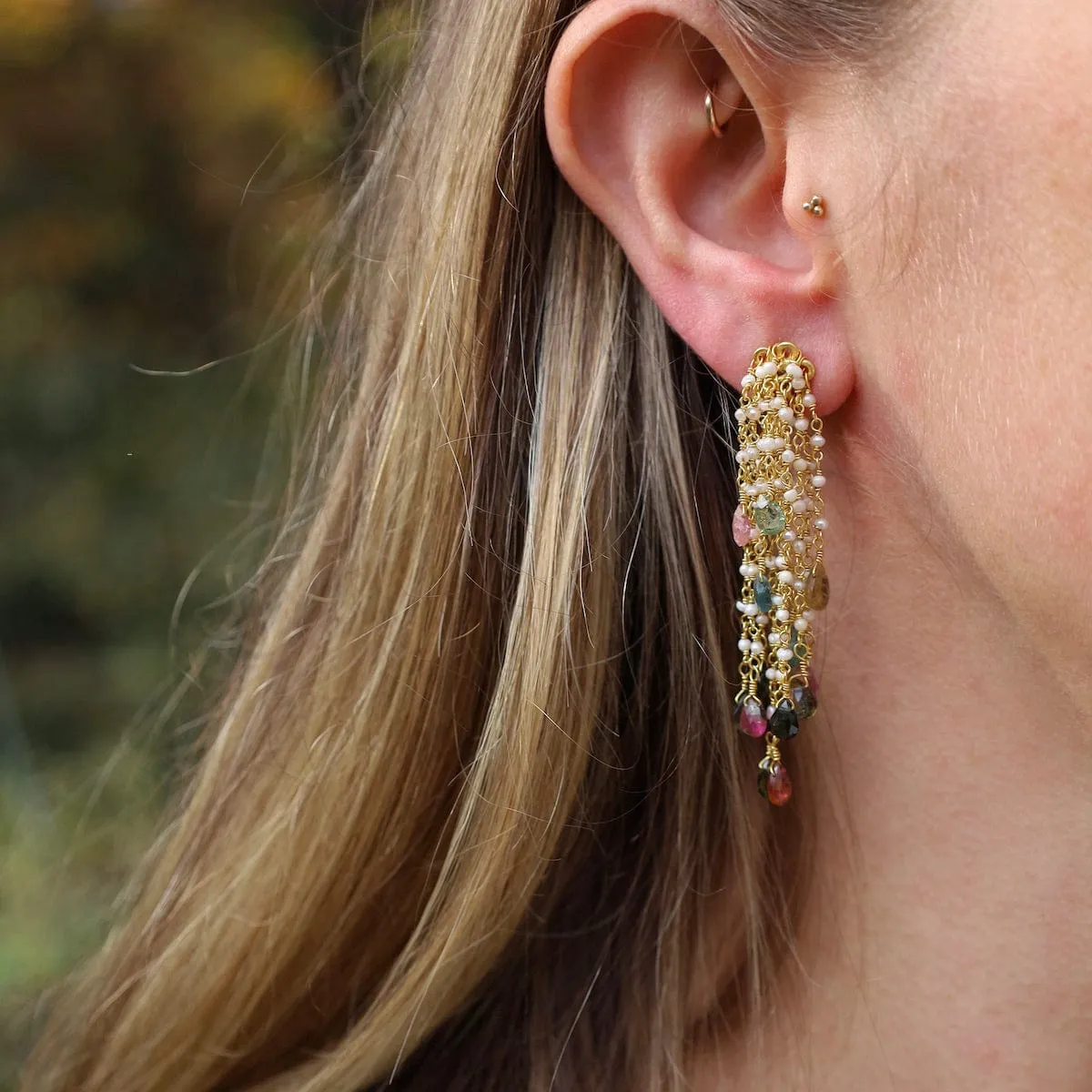 Multi Tourmaline & Pearl Waterfall Earrings