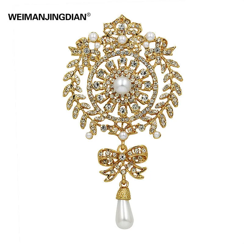 New Fashion Large Size Crystal Diamante and Imitation Pearl Drop Scroll Brooches for Women or Wedding