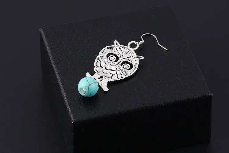 New hot sale Fashion White Silver Plated Pierced Flower Metal Owl Turquoise Pendants drop earrings jewelry for women