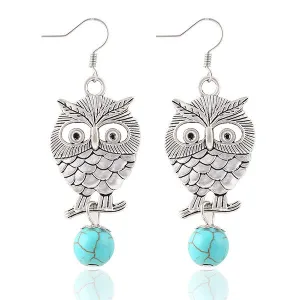 New hot sale Fashion White Silver Plated Pierced Flower Metal Owl Turquoise Pendants drop earrings jewelry for women