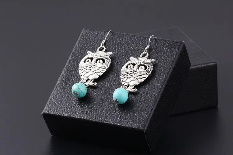 New hot sale Fashion White Silver Plated Pierced Flower Metal Owl Turquoise Pendants drop earrings jewelry for women