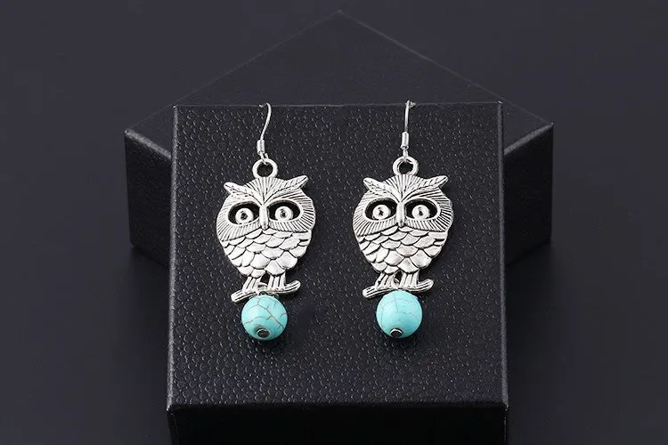 New hot sale Fashion White Silver Plated Pierced Flower Metal Owl Turquoise Pendants drop earrings jewelry for women