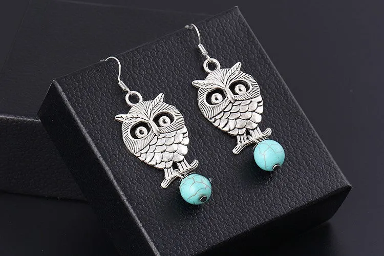 New hot sale Fashion White Silver Plated Pierced Flower Metal Owl Turquoise Pendants drop earrings jewelry for women