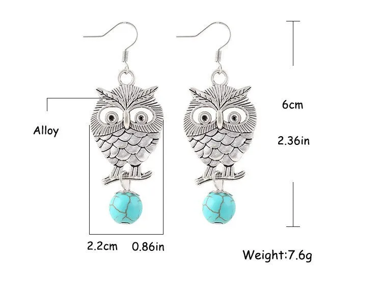 New hot sale Fashion White Silver Plated Pierced Flower Metal Owl Turquoise Pendants drop earrings jewelry for women