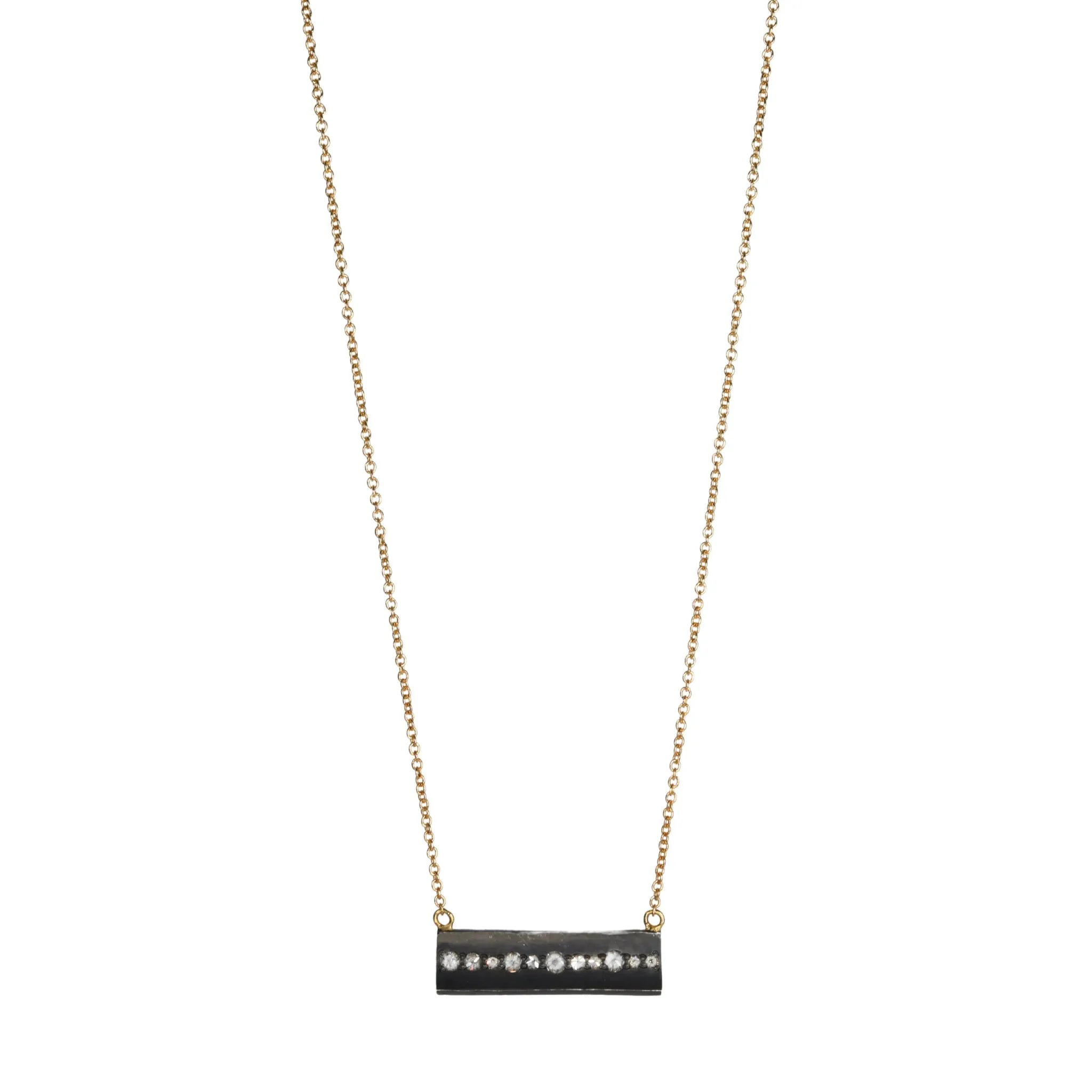 Oxidized Silver Horizontal Rectangular Diamond Necklace on Gold Chain