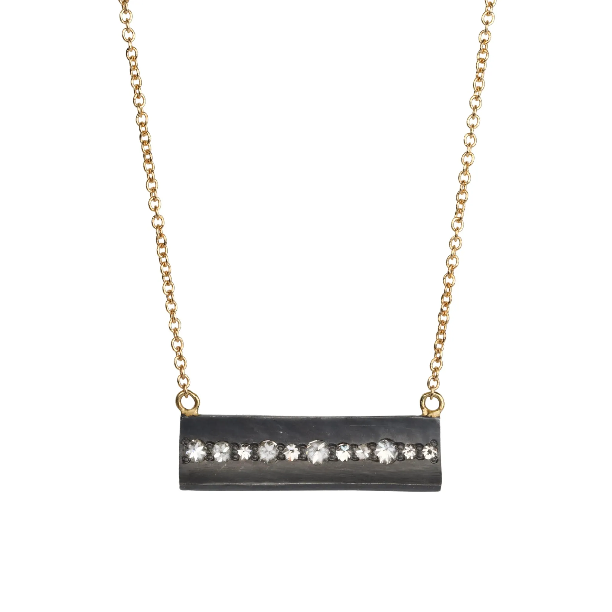 Oxidized Silver Horizontal Rectangular Diamond Necklace on Gold Chain