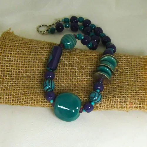 Peacock and Purple Kazuri Necklace Fair Trade Beads