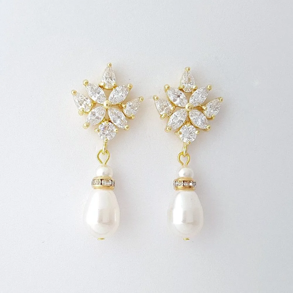 Pearl and Gold Drop Earrings for Weddings-Rosa