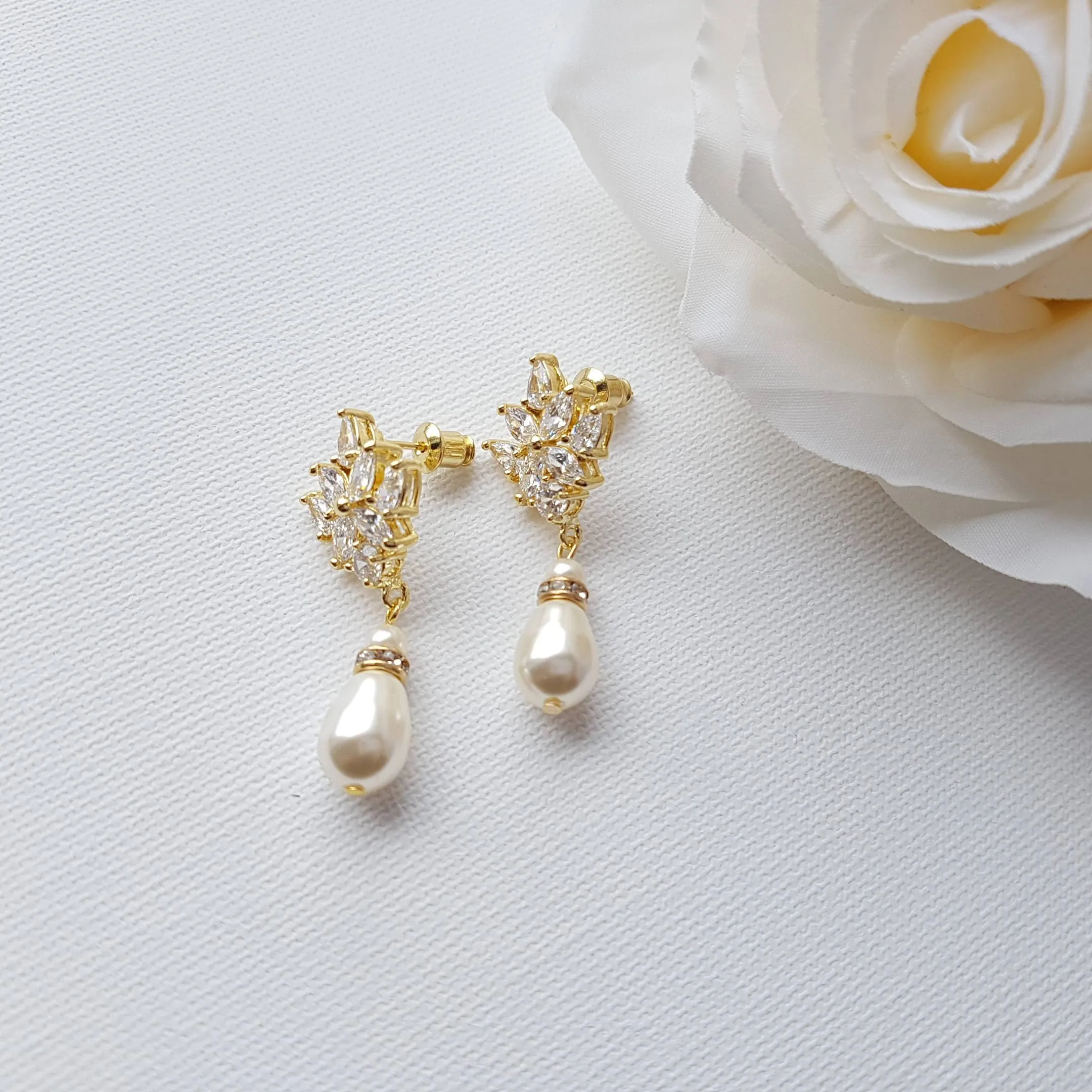 Pearl and Gold Drop Earrings for Weddings-Rosa