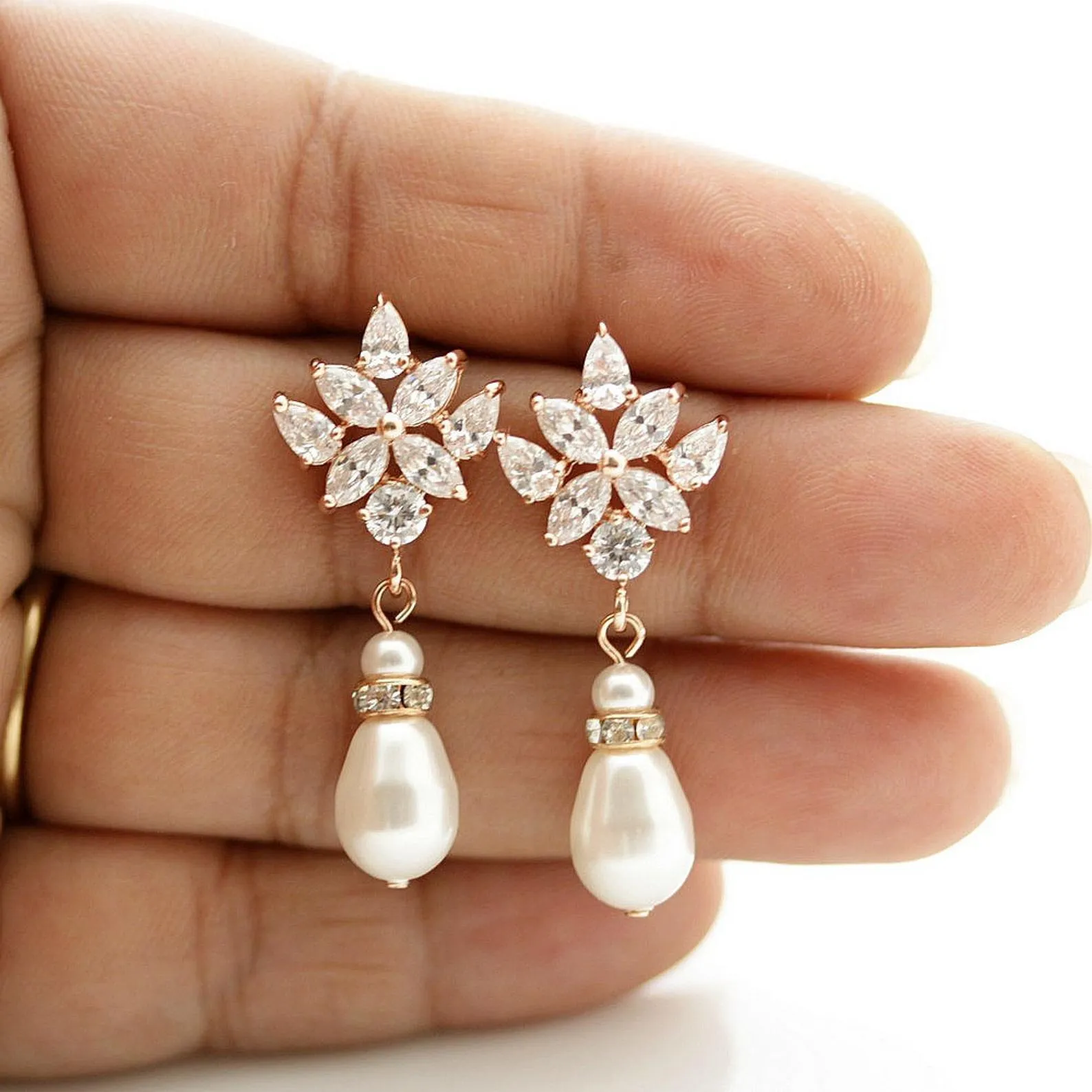 Pearl and Gold Drop Earrings for Weddings-Rosa