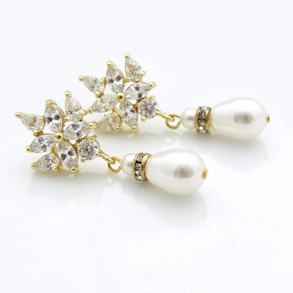 Pearl and Gold Drop Earrings for Weddings-Rosa