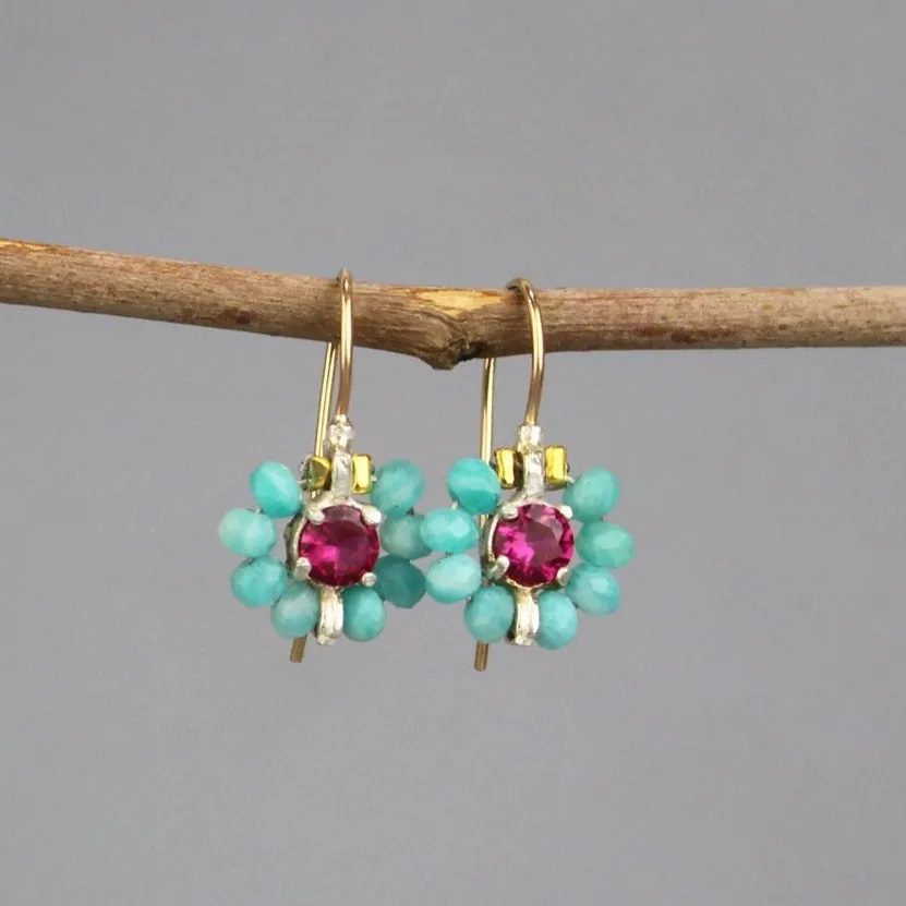 Pink Zircon Amazonite Flower Earrings