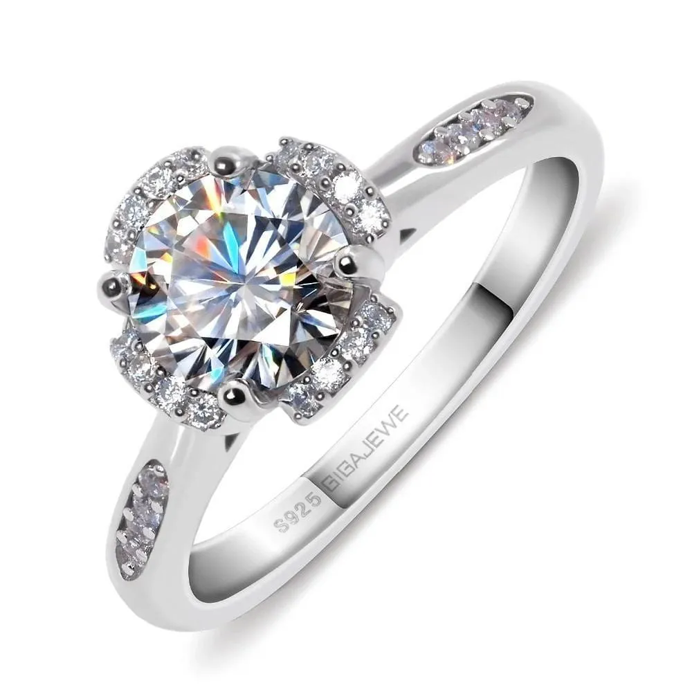 Platinum Plated Silver Moissanite Ring 1ct Center Stone