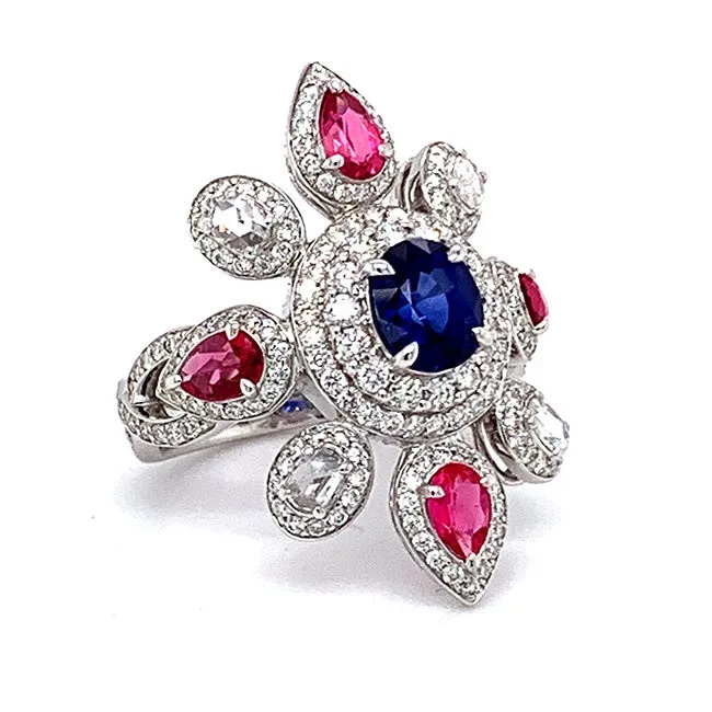 Platinum ring with blue sapphire and pink spinels & diamonds