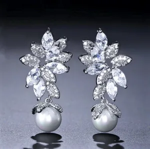 "Ida" - Pearl and Cubic Zirconia Bridal Earrings - More Colors