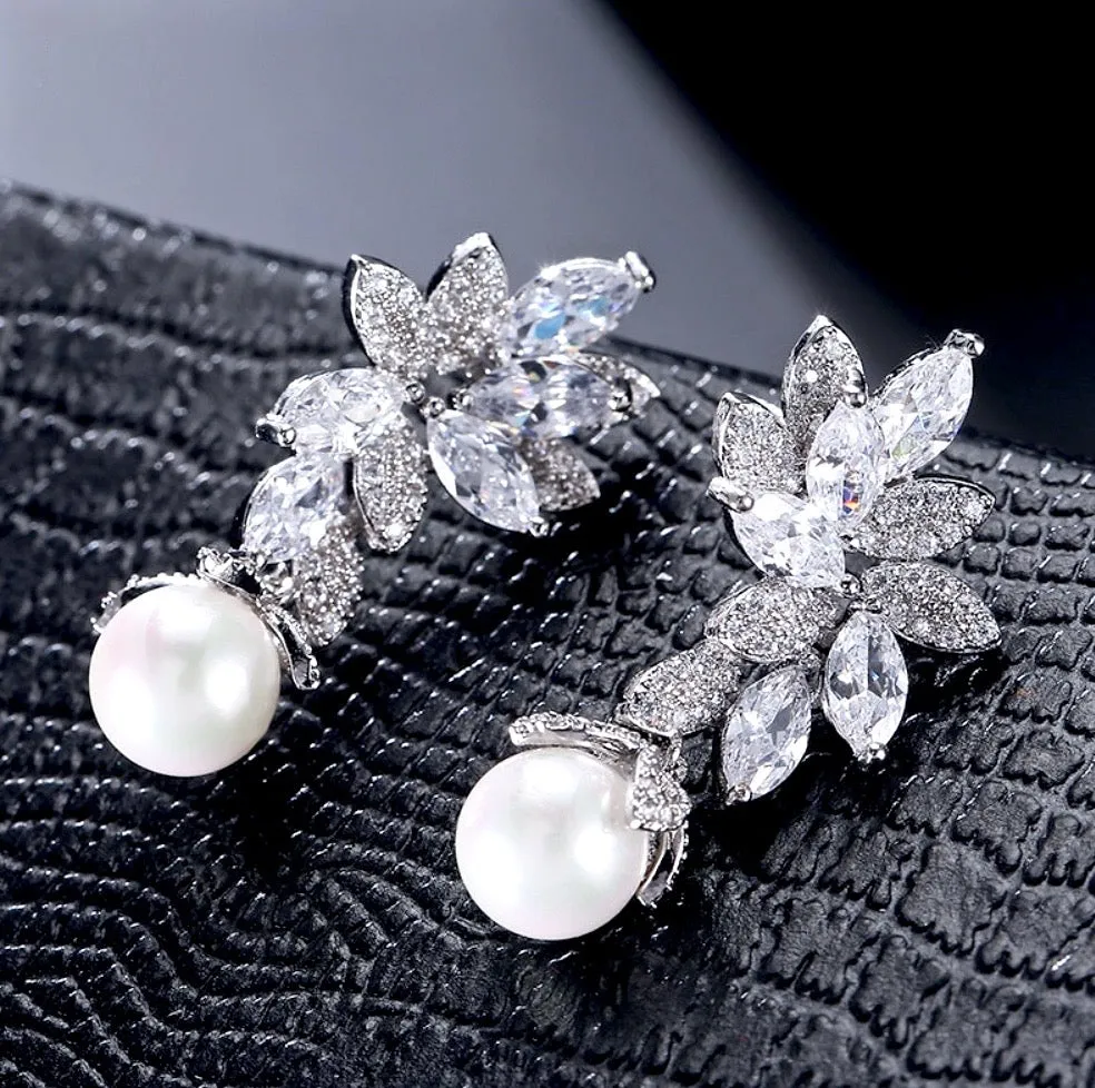 "Ida" - Pearl and Cubic Zirconia Bridal Earrings - More Colors