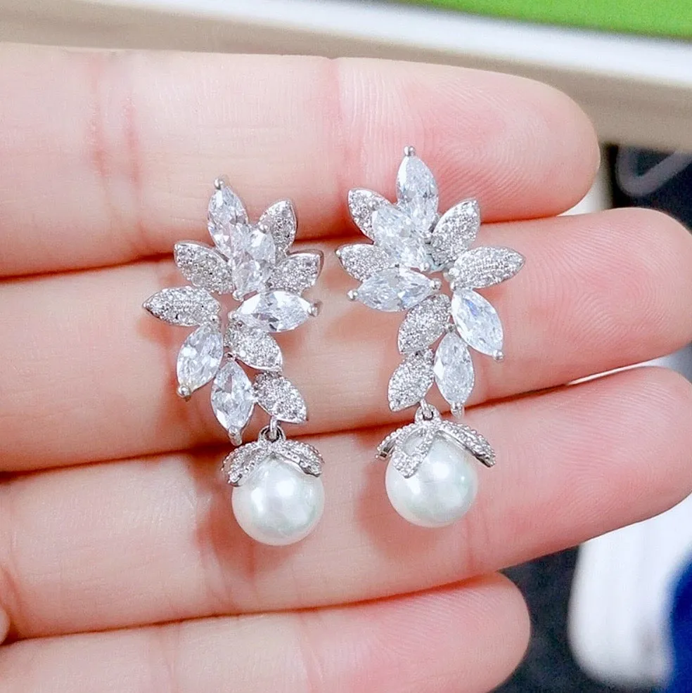 "Ida" - Pearl and Cubic Zirconia Bridal Earrings - More Colors