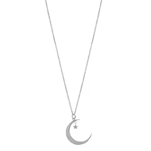 Rhodium Plated Hanging Moon and Star Necklace