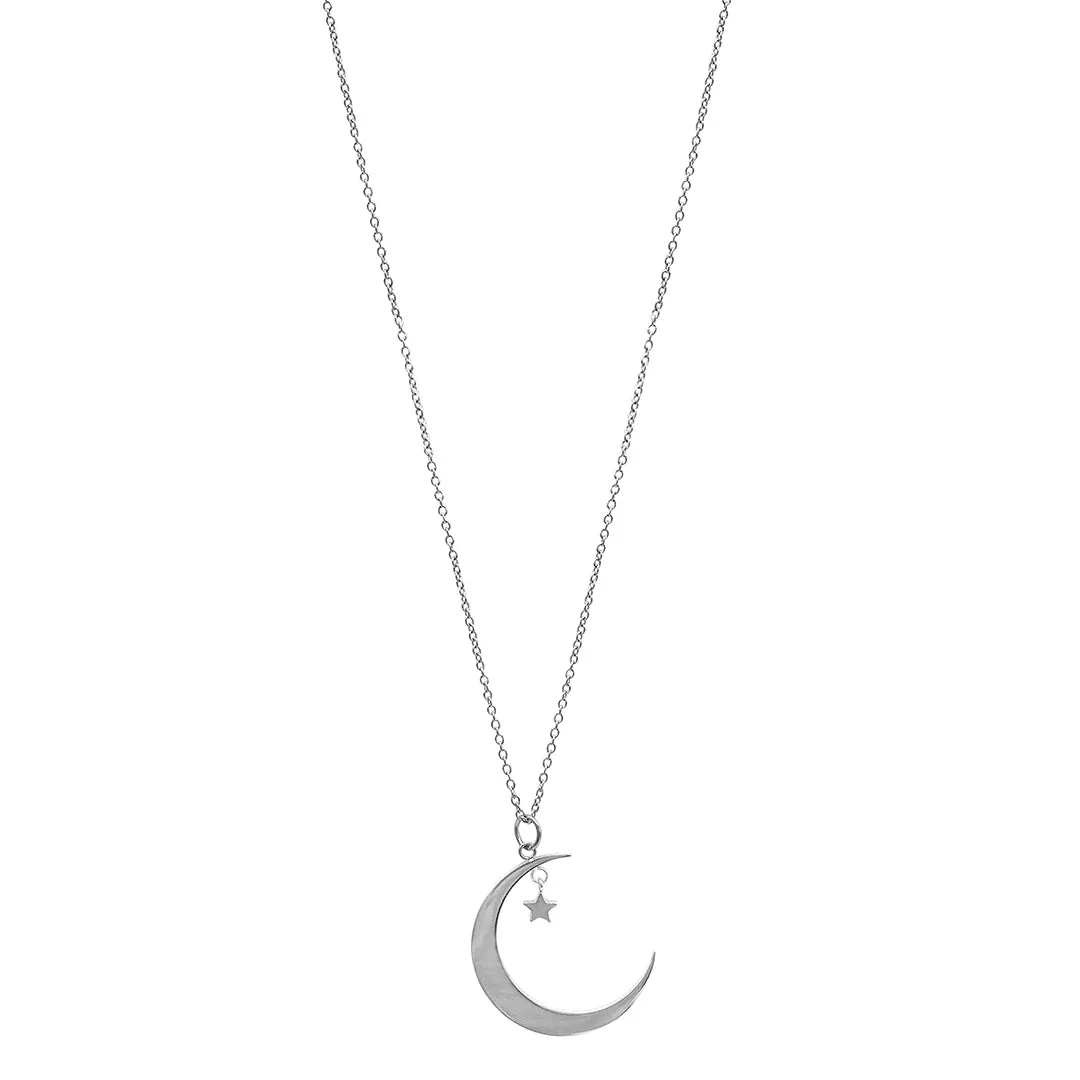 Rhodium Plated Hanging Moon and Star Necklace