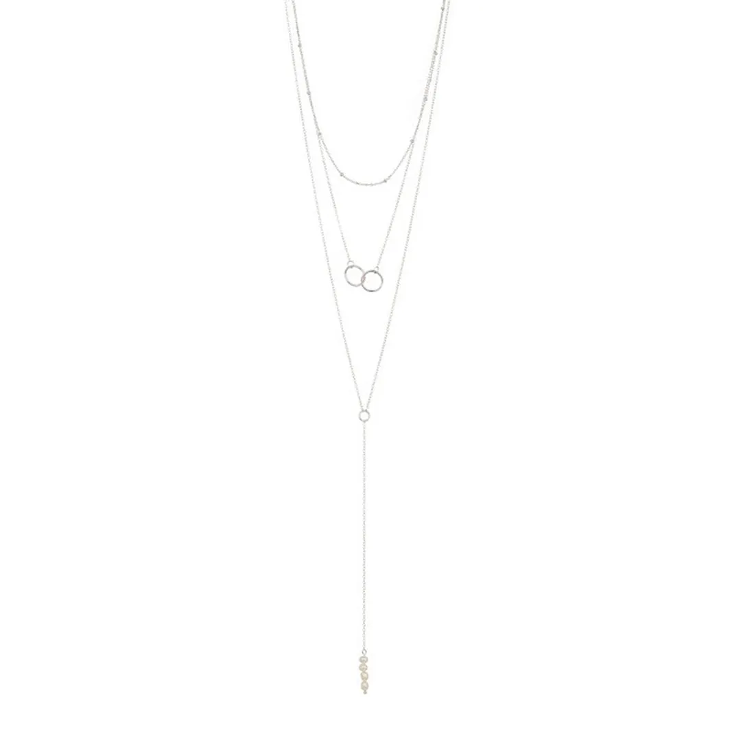 Rhodium Plated Pearl Y- Lariat Layered Necklace