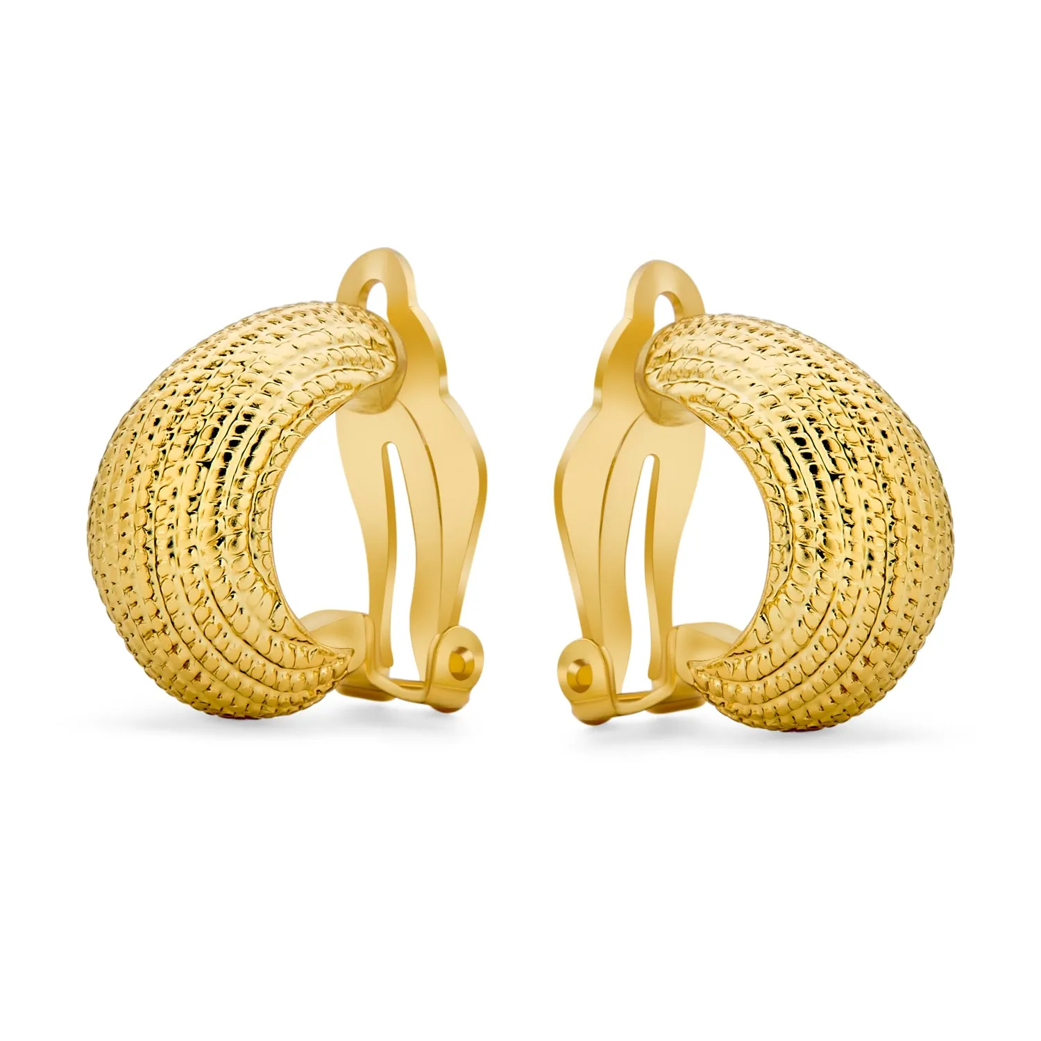 Ribbed Cable Rope Stripe Half Hoop Clip-On Earrings for Non-Pierced Ears Gold Tone