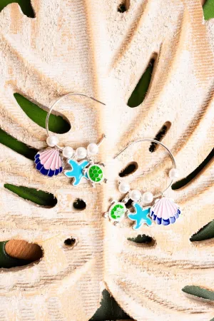 SALE! Silvertone Sea Life Charms and Pearl Hoop Earrings