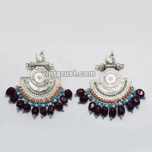 Silver Kuchi Earrings With Multicolor Beads and Stones