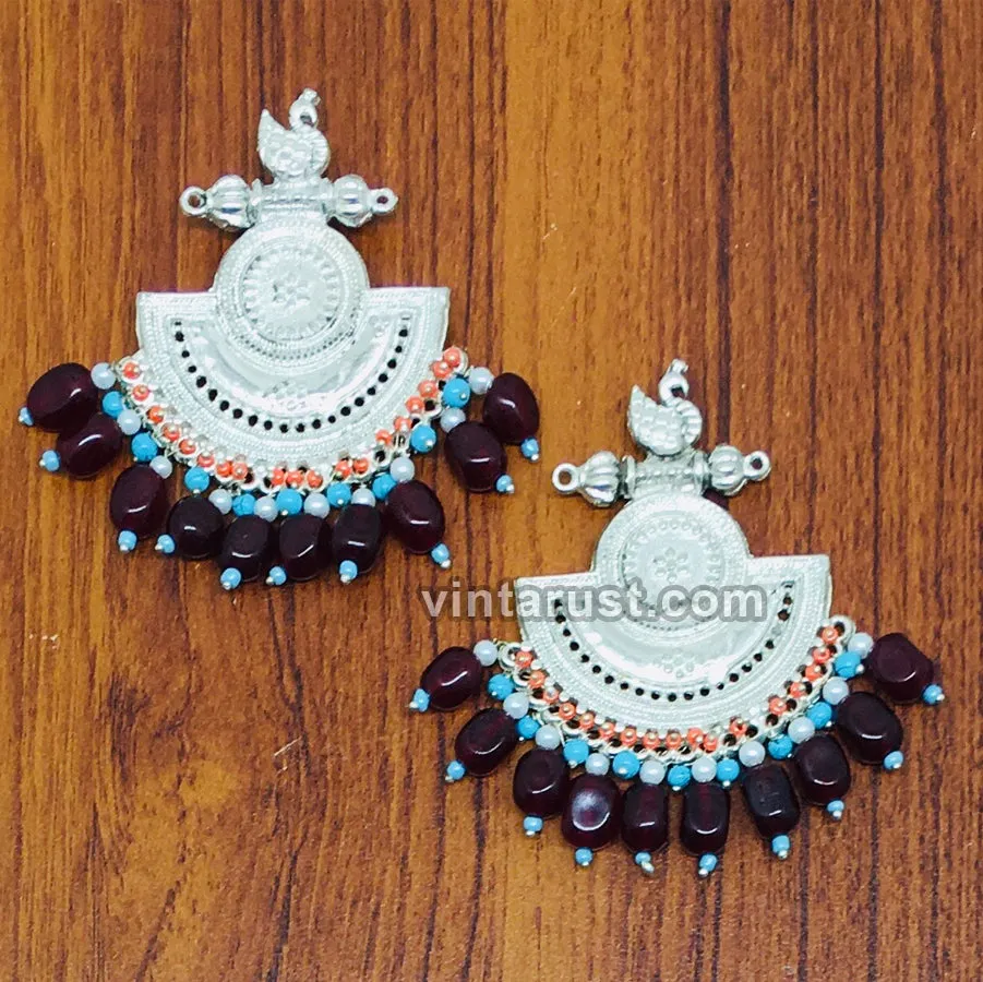 Silver Kuchi Earrings With Multicolor Beads and Stones