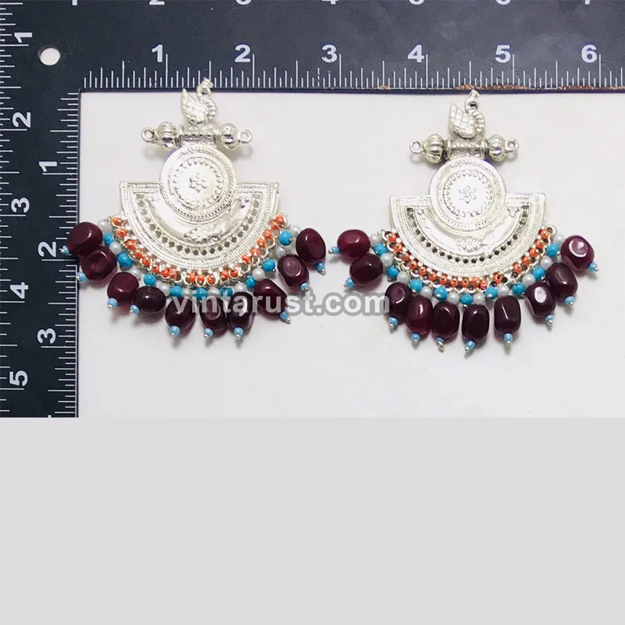 Silver Kuchi Earrings With Multicolor Beads and Stones