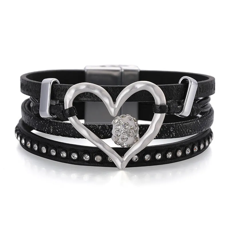 Sisslia Bohemian Crystal Rhinestone Beads Heart Shape Wrap Multi Layer Leather Cuff Bracelet Bangles With Magnetic Buckle