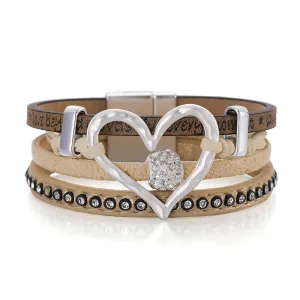 Sisslia Bohemian Crystal Rhinestone Beads Heart Shape Wrap Multi Layer Leather Cuff Bracelet Bangles With Magnetic Buckle