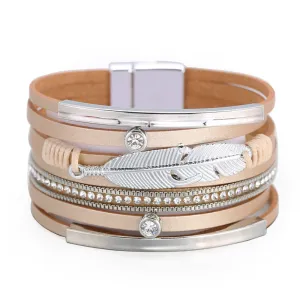 Sisslia Bohemian Multilayer Buckle Leather Bracelet Handmade Woven Magnetic Crystal Wide Band Feather Leather Bracelet