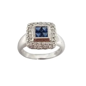 Square Blue Sapphire and Diamond Halo Ring