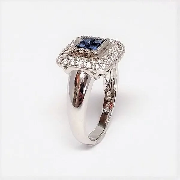 Square Blue Sapphire and Diamond Halo Ring