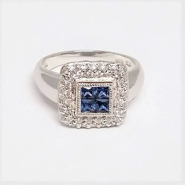 Square Blue Sapphire and Diamond Halo Ring