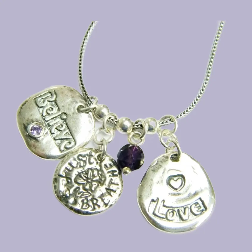 Sterling Silver necklace,  believe just breath love necklace,  amethyst zircon