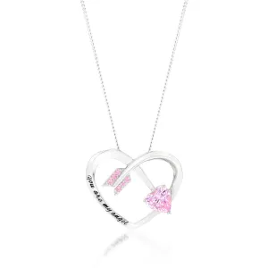 Sterling Silver Rhodium Plated Pink CZ Arrow Heart With Inscription Pendant