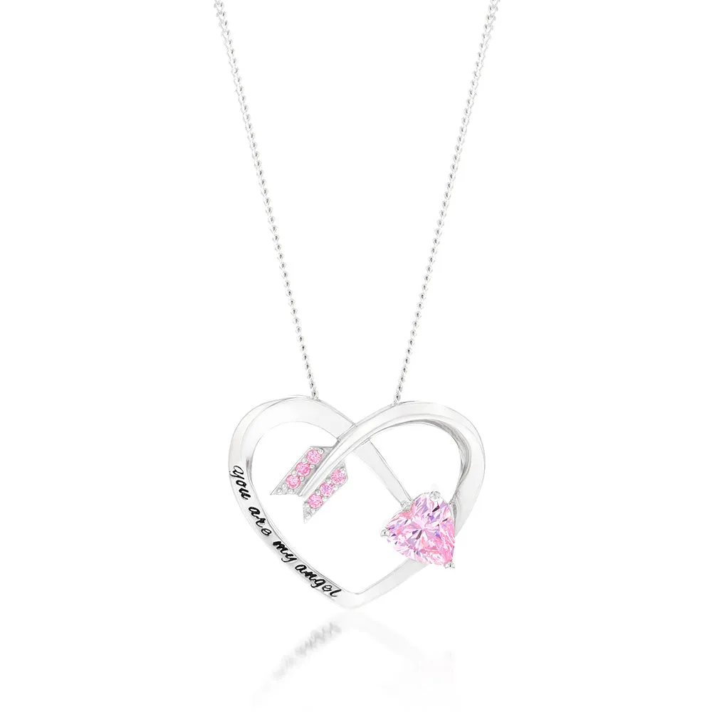 Sterling Silver Rhodium Plated Pink CZ Arrow Heart With Inscription Pendant