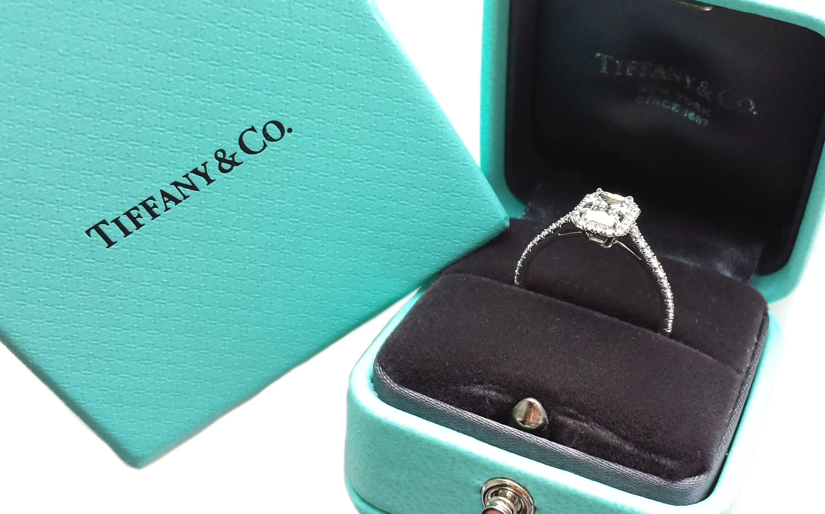 Tiffany & Co. 1.05ct H/VVS2 'Soleste' Emerald Cut Halo-Set Diamond Engagement Ring