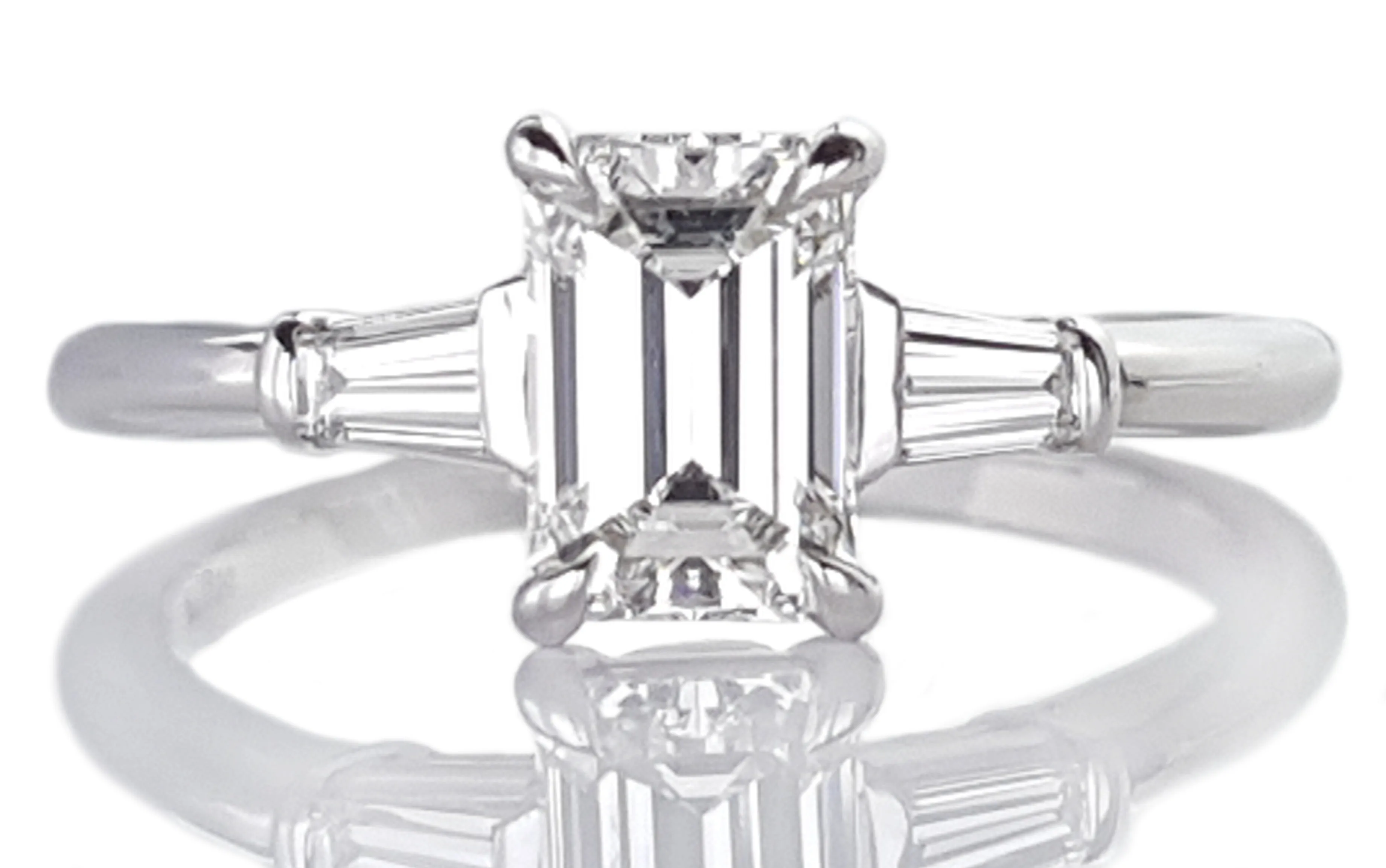 Tiffany & Co H/VS1 1.26tcw 3 Stone Emerald Cut & Tapered Baguette Diamond Engagement Ring