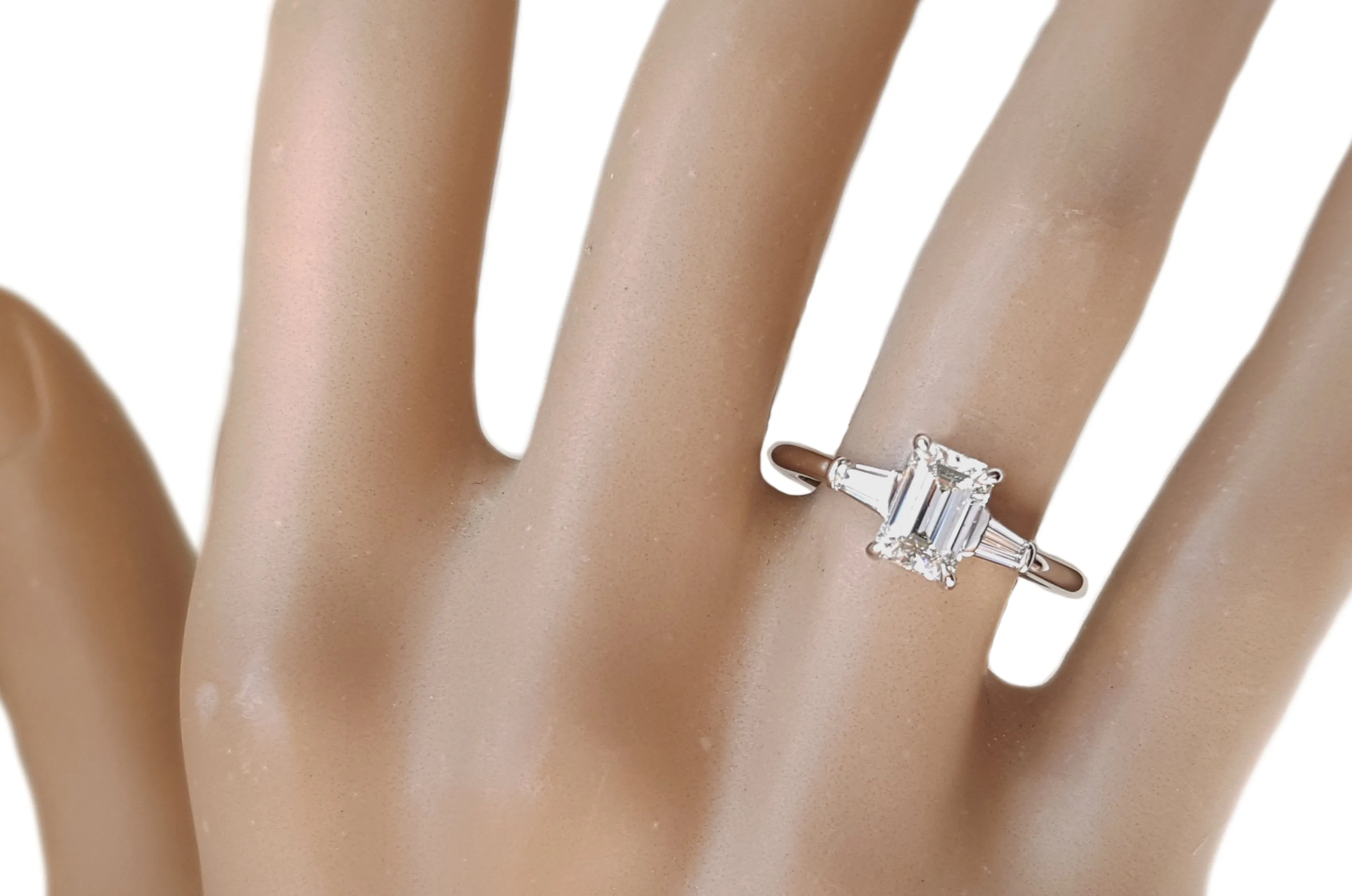 Tiffany & Co H/VS1 1.26tcw 3 Stone Emerald Cut & Tapered Baguette Diamond Engagement Ring