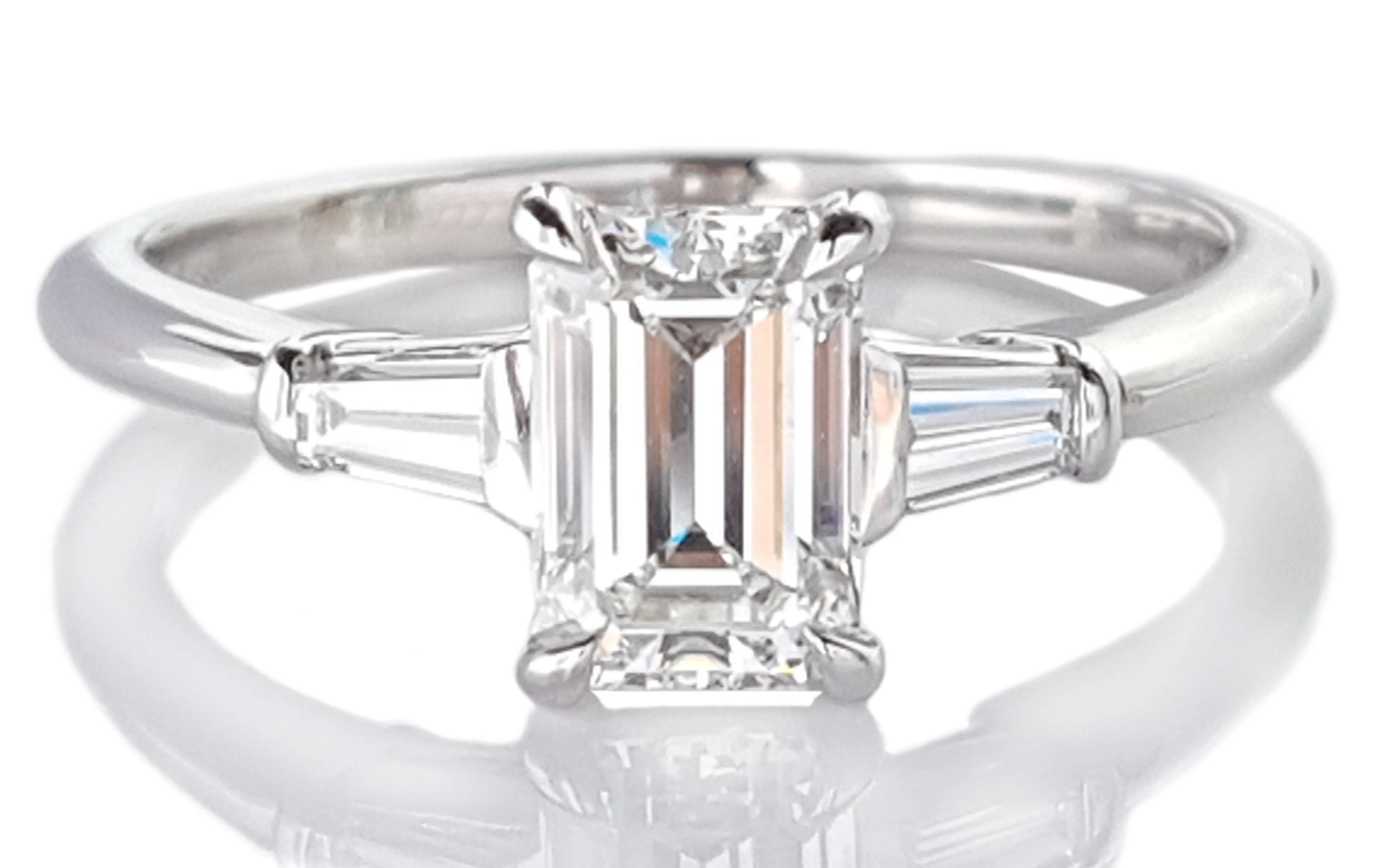 Tiffany & Co H/VS1 1.26tcw 3 Stone Emerald Cut & Tapered Baguette Diamond Engagement Ring