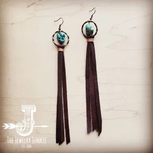 Turquoise Drop Earrings w/ Brown Leather Tassel 203z